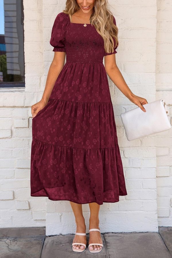 PRETTYGARDEN Women's 2025 Summer Casual Midi Dresses Square Neck Short Sleeve Smocked A Line Floral Flowy Elegant Boho Dress - Image 57