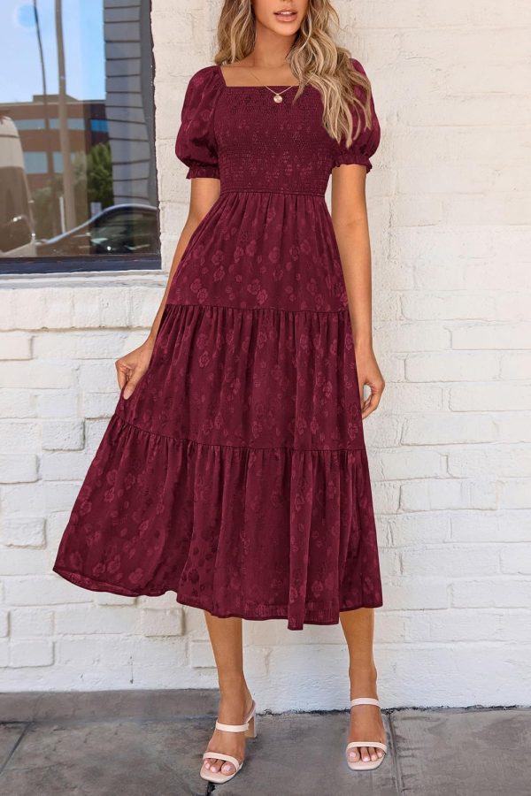 PRETTYGARDEN Women's 2025 Summer Casual Midi Dresses Square Neck Short Sleeve Smocked A Line Floral Flowy Elegant Boho Dress - Image 58