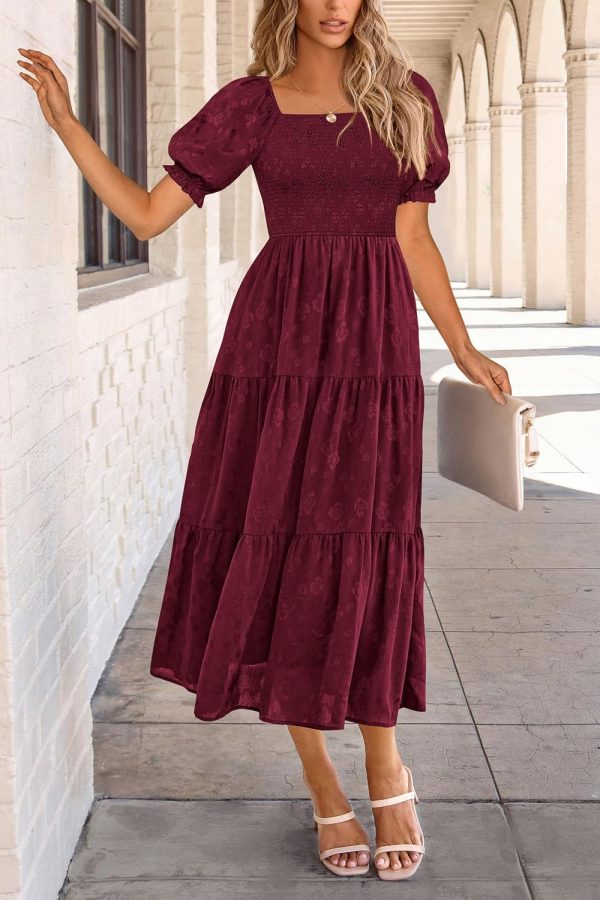 PRETTYGARDEN Women's 2025 Summer Casual Midi Dresses Square Neck Short Sleeve Smocked A Line Floral Flowy Elegant Boho Dress - Image 59