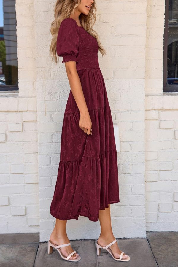 PRETTYGARDEN Women's 2025 Summer Casual Midi Dresses Square Neck Short Sleeve Smocked A Line Floral Flowy Elegant Boho Dress - Image 60