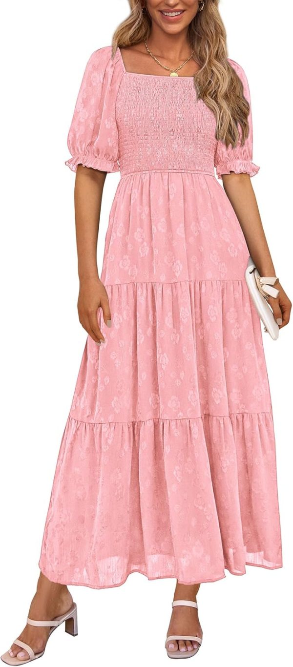 PRETTYGARDEN Women's 2025 Summer Casual Midi Dresses Square Neck Short Sleeve Smocked A Line Floral Flowy Elegant Boho Dress - Image 61