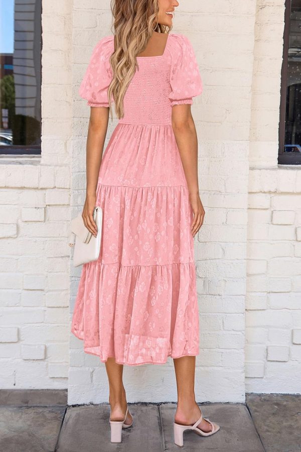 PRETTYGARDEN Women's 2025 Summer Casual Midi Dresses Square Neck Short Sleeve Smocked A Line Floral Flowy Elegant Boho Dress - Image 62