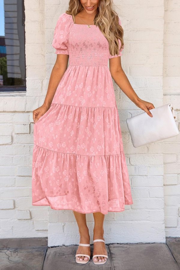 PRETTYGARDEN Women's 2025 Summer Casual Midi Dresses Square Neck Short Sleeve Smocked A Line Floral Flowy Elegant Boho Dress - Image 63