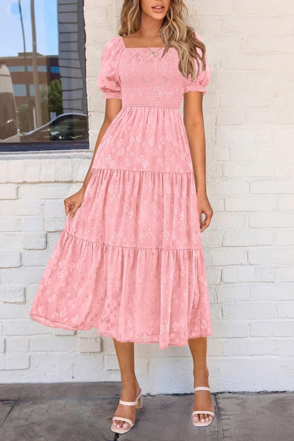PRETTYGARDEN Women's 2025 Summer Casual Midi Dresses Square Neck Short Sleeve Smocked A Line Floral Flowy Elegant Boho Dress - Image 64