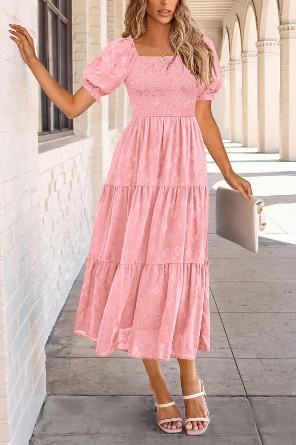PRETTYGARDEN Women's 2025 Summer Casual Midi Dresses Square Neck Short Sleeve Smocked A Line Floral Flowy Elegant Boho Dress - Image 65