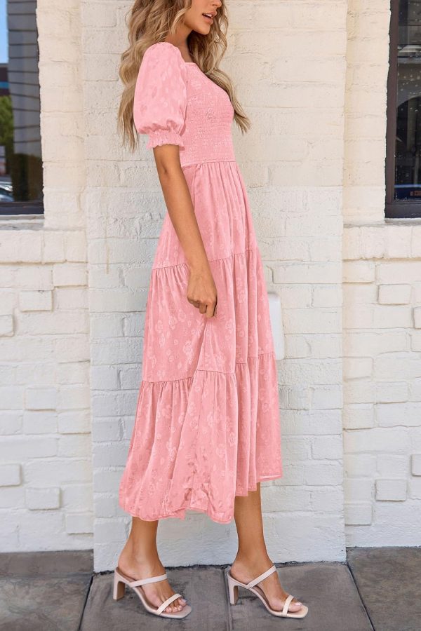 PRETTYGARDEN Women's 2025 Summer Casual Midi Dresses Square Neck Short Sleeve Smocked A Line Floral Flowy Elegant Boho Dress - Image 66