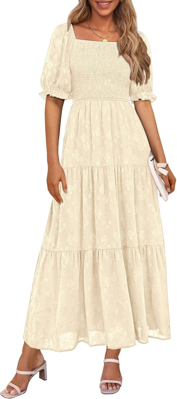 PRETTYGARDEN Women's 2025 Summer Casual Midi Dresses Square Neck Short Sleeve Smocked A Line Floral Flowy Elegant Boho Dress - Image 67