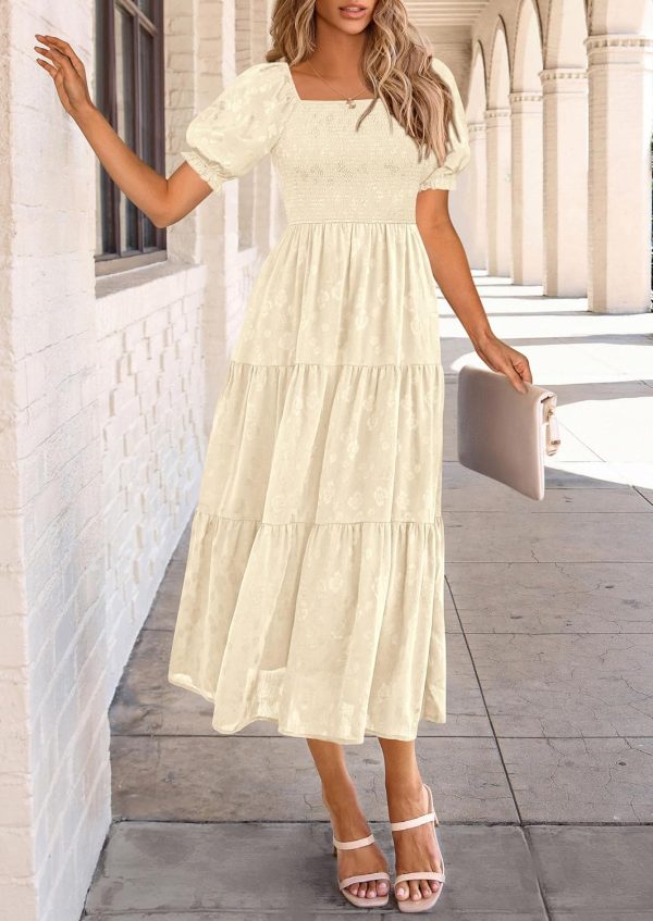 PRETTYGARDEN Women's 2025 Summer Casual Midi Dresses Square Neck Short Sleeve Smocked A Line Floral Flowy Elegant Boho Dress - Image 69