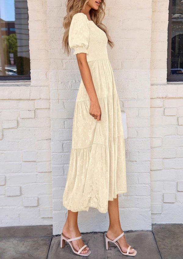 PRETTYGARDEN Women's 2025 Summer Casual Midi Dresses Square Neck Short Sleeve Smocked A Line Floral Flowy Elegant Boho Dress - Image 70