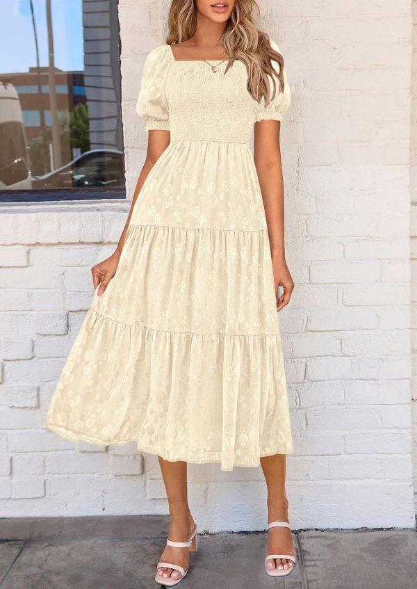 PRETTYGARDEN Women's 2025 Summer Casual Midi Dresses Square Neck Short Sleeve Smocked A Line Floral Flowy Elegant Boho Dress - Image 71