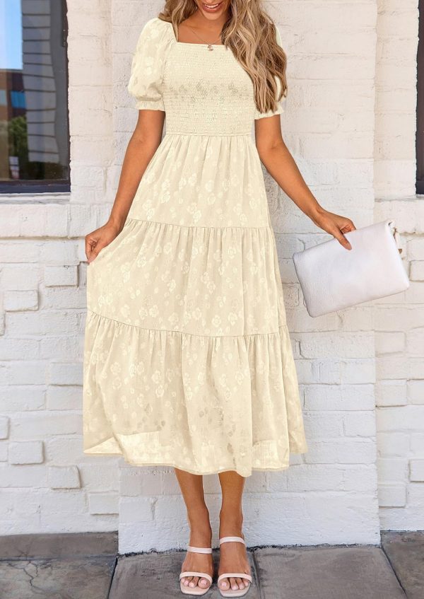 PRETTYGARDEN Women's 2025 Summer Casual Midi Dresses Square Neck Short Sleeve Smocked A Line Floral Flowy Elegant Boho Dress - Image 72