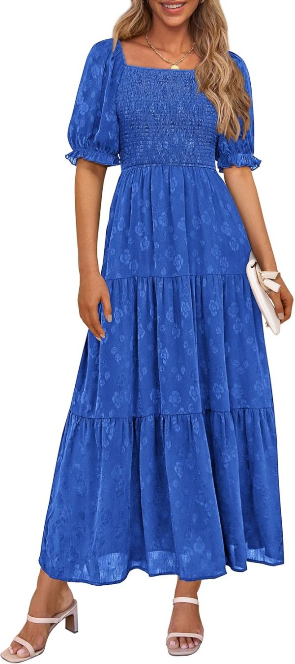 PRETTYGARDEN Women's 2025 Summer Casual Midi Dresses Square Neck Short Sleeve Smocked A Line Floral Flowy Elegant Boho Dress - Image 73