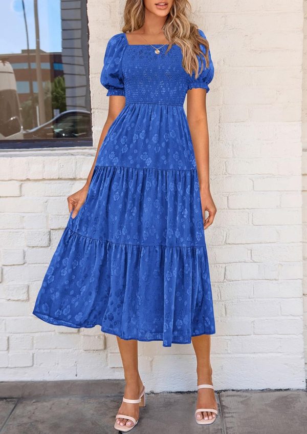 PRETTYGARDEN Women's 2025 Summer Casual Midi Dresses Square Neck Short Sleeve Smocked A Line Floral Flowy Elegant Boho Dress - Image 77