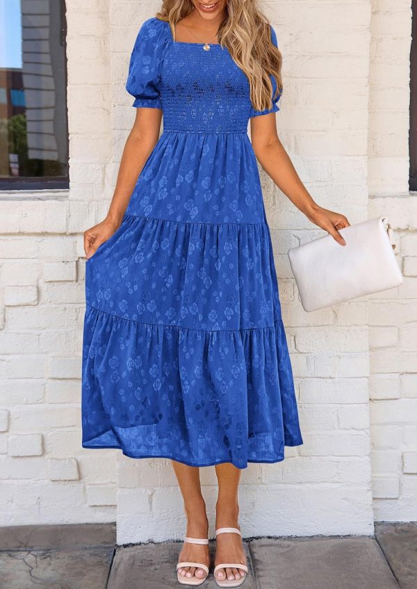 PRETTYGARDEN Women's 2025 Summer Casual Midi Dresses Square Neck Short Sleeve Smocked A Line Floral Flowy Elegant Boho Dress - Image 78