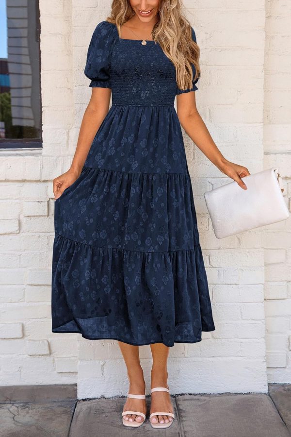 PRETTYGARDEN Women's 2025 Summer Casual Midi Dresses Square Neck Short Sleeve Smocked A Line Floral Flowy Elegant Boho Dress - Image 81