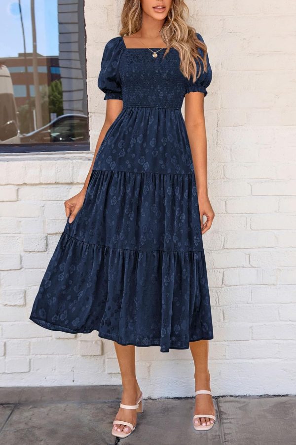 PRETTYGARDEN Women's 2025 Summer Casual Midi Dresses Square Neck Short Sleeve Smocked A Line Floral Flowy Elegant Boho Dress - Image 82
