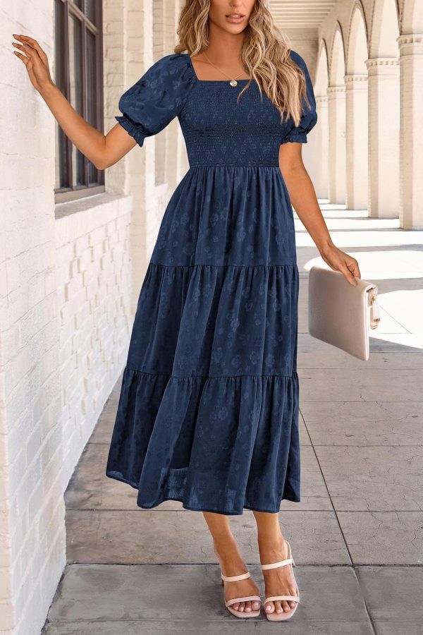 PRETTYGARDEN Women's 2025 Summer Casual Midi Dresses Square Neck Short Sleeve Smocked A Line Floral Flowy Elegant Boho Dress - Image 83
