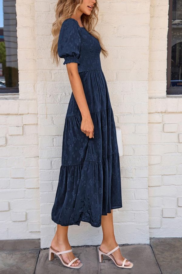 PRETTYGARDEN Women's 2025 Summer Casual Midi Dresses Square Neck Short Sleeve Smocked A Line Floral Flowy Elegant Boho Dress - Image 84