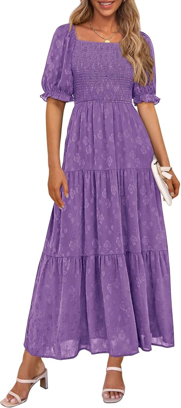 PRETTYGARDEN Women's 2025 Summer Casual Midi Dresses Square Neck Short Sleeve Smocked A Line Floral Flowy Elegant Boho Dress - Image 85