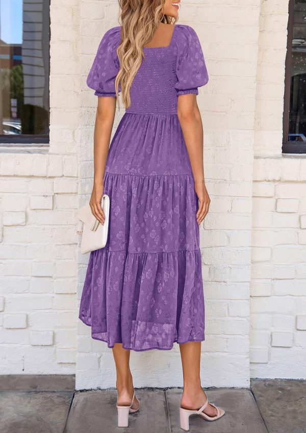 PRETTYGARDEN Women's 2025 Summer Casual Midi Dresses Square Neck Short Sleeve Smocked A Line Floral Flowy Elegant Boho Dress - Image 86