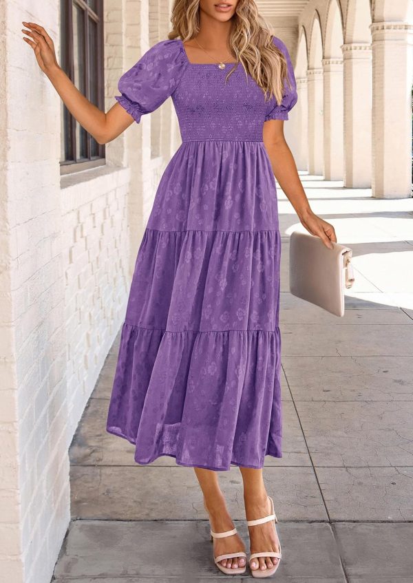 PRETTYGARDEN Women's 2025 Summer Casual Midi Dresses Square Neck Short Sleeve Smocked A Line Floral Flowy Elegant Boho Dress - Image 87