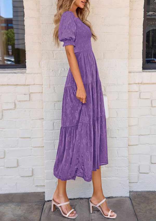 PRETTYGARDEN Women's 2025 Summer Casual Midi Dresses Square Neck Short Sleeve Smocked A Line Floral Flowy Elegant Boho Dress - Image 88