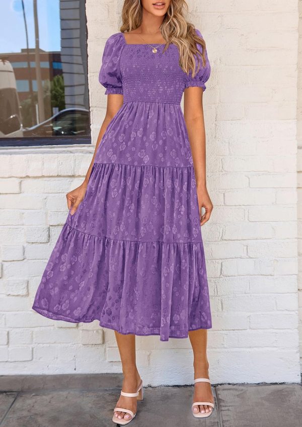PRETTYGARDEN Women's 2025 Summer Casual Midi Dresses Square Neck Short Sleeve Smocked A Line Floral Flowy Elegant Boho Dress - Image 89