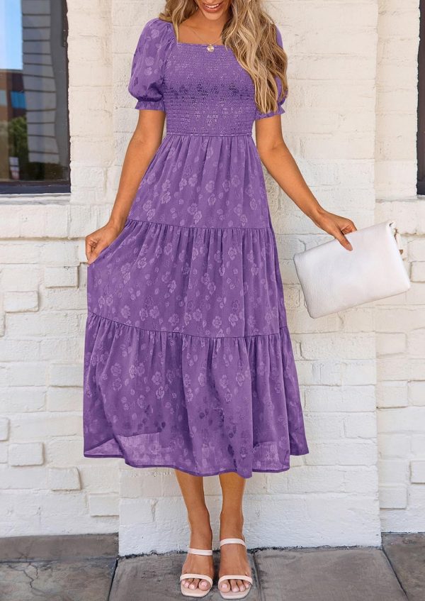 PRETTYGARDEN Women's 2025 Summer Casual Midi Dresses Square Neck Short Sleeve Smocked A Line Floral Flowy Elegant Boho Dress - Image 90
