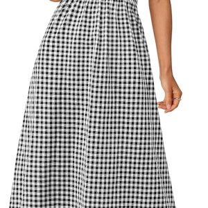 PRETTYGARDEN Women's 2025 Summer Spaghetti Strap Maxi Dresses Plaid Square Neck A Line Casual Beach Vacation Long Sundress