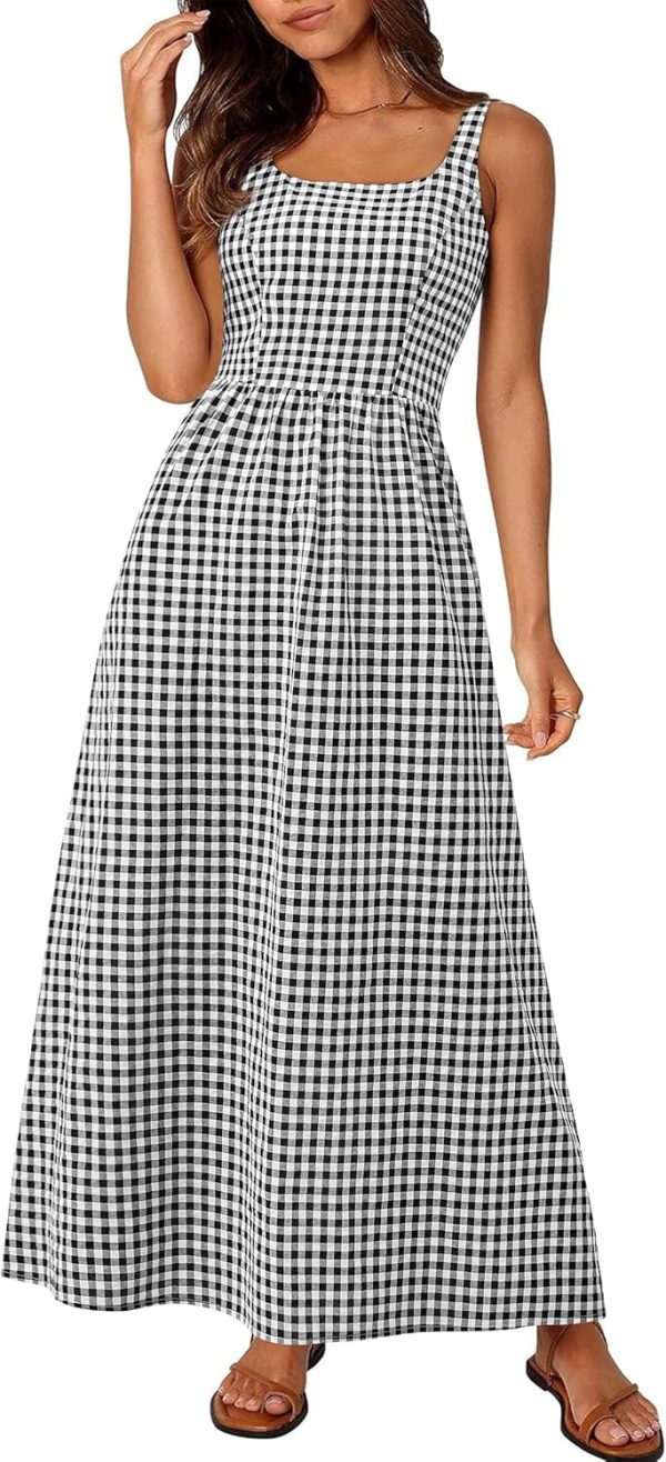 PRETTYGARDEN Women's 2025 Summer Spaghetti Strap Maxi Dresses Plaid Square Neck A Line Casual Beach Vacation Long Sundress