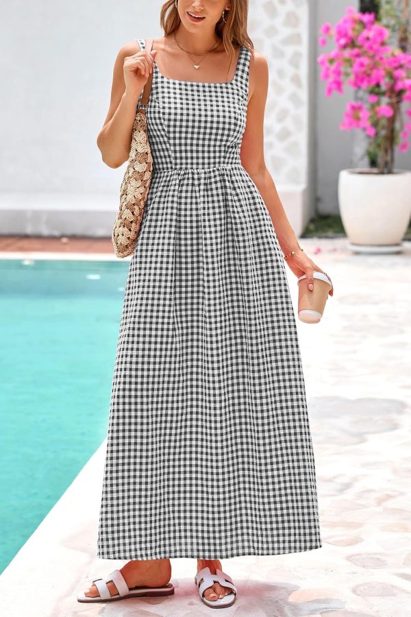 PRETTYGARDEN Women's 2025 Summer Spaghetti Strap Maxi Dresses Plaid Square Neck A Line Casual Beach Vacation Long Sundress - Image 3