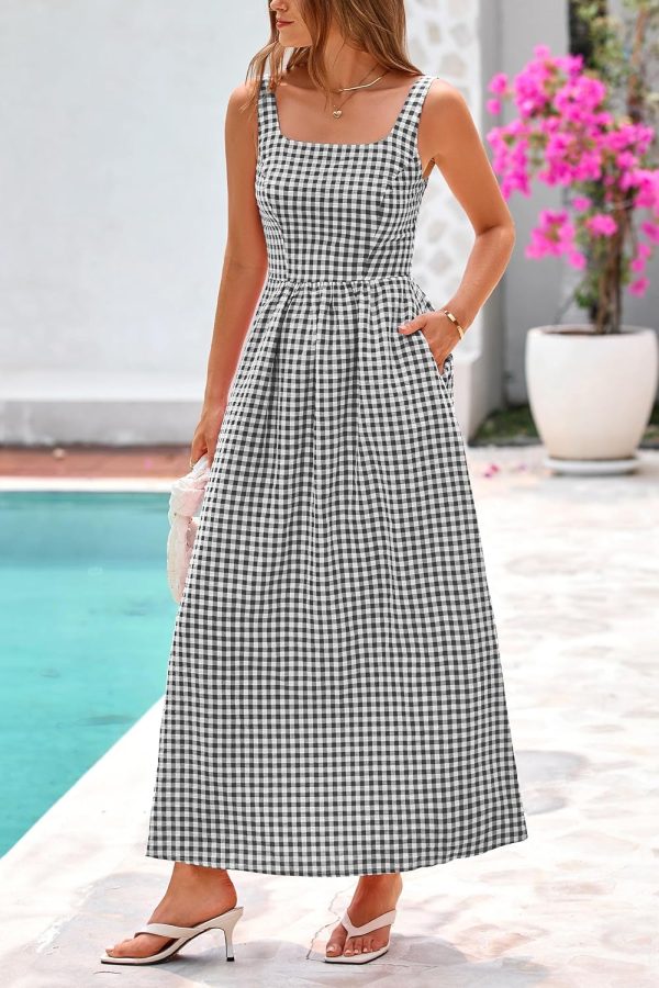 PRETTYGARDEN Women's 2025 Summer Spaghetti Strap Maxi Dresses Plaid Square Neck A Line Casual Beach Vacation Long Sundress - Image 4