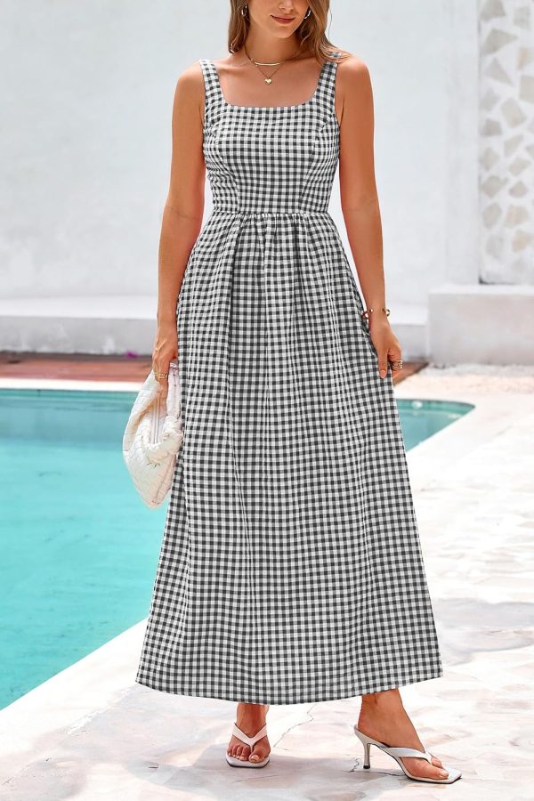 PRETTYGARDEN Women's 2025 Summer Spaghetti Strap Maxi Dresses Plaid Square Neck A Line Casual Beach Vacation Long Sundress - Image 5