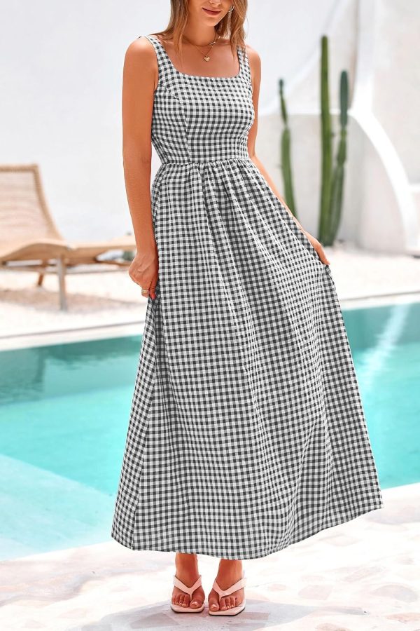 PRETTYGARDEN Women's 2025 Summer Spaghetti Strap Maxi Dresses Plaid Square Neck A Line Casual Beach Vacation Long Sundress - Image 6