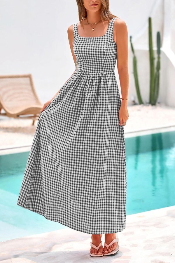 PRETTYGARDEN Women's 2025 Summer Spaghetti Strap Maxi Dresses Plaid Square Neck A Line Casual Beach Vacation Long Sundress - Image 7