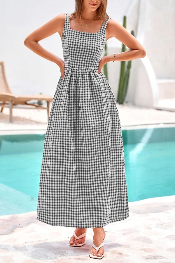 PRETTYGARDEN Women's 2025 Summer Spaghetti Strap Maxi Dresses Plaid Square Neck A Line Casual Beach Vacation Long Sundress - Image 8