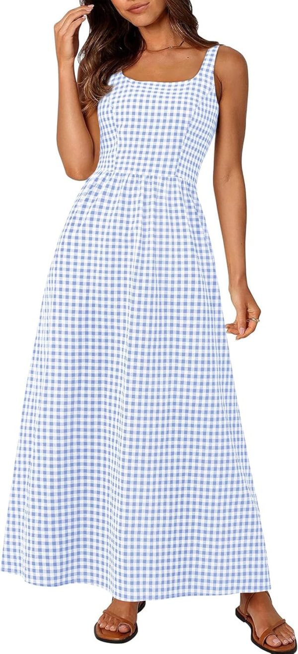 PRETTYGARDEN Women's 2025 Summer Spaghetti Strap Maxi Dresses Plaid Square Neck A Line Casual Beach Vacation Long Sundress - Image 9