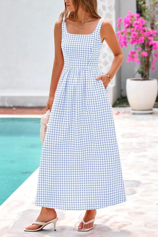 PRETTYGARDEN Women's 2025 Summer Spaghetti Strap Maxi Dresses Plaid Square Neck A Line Casual Beach Vacation Long Sundress - Image 12