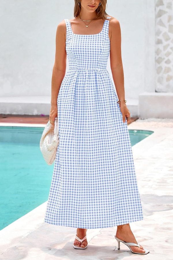 PRETTYGARDEN Women's 2025 Summer Spaghetti Strap Maxi Dresses Plaid Square Neck A Line Casual Beach Vacation Long Sundress - Image 13