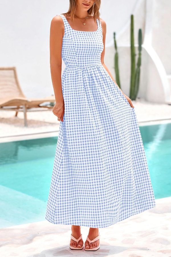 PRETTYGARDEN Women's 2025 Summer Spaghetti Strap Maxi Dresses Plaid Square Neck A Line Casual Beach Vacation Long Sundress - Image 14