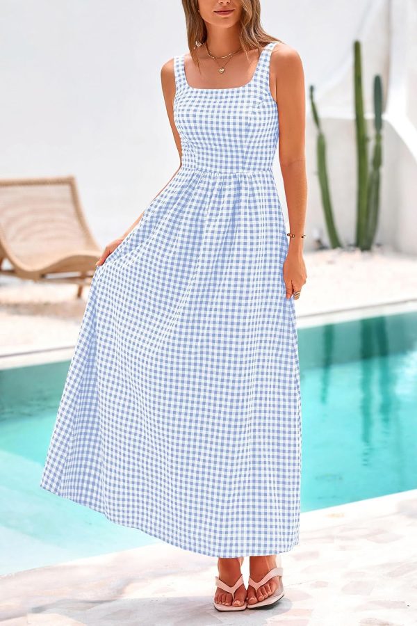 PRETTYGARDEN Women's 2025 Summer Spaghetti Strap Maxi Dresses Plaid Square Neck A Line Casual Beach Vacation Long Sundress - Image 15