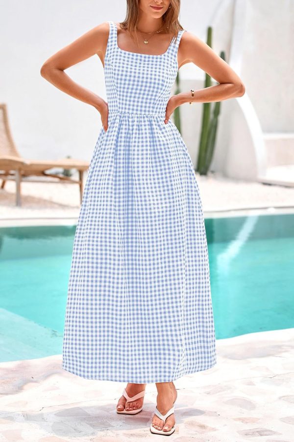 PRETTYGARDEN Women's 2025 Summer Spaghetti Strap Maxi Dresses Plaid Square Neck A Line Casual Beach Vacation Long Sundress - Image 16