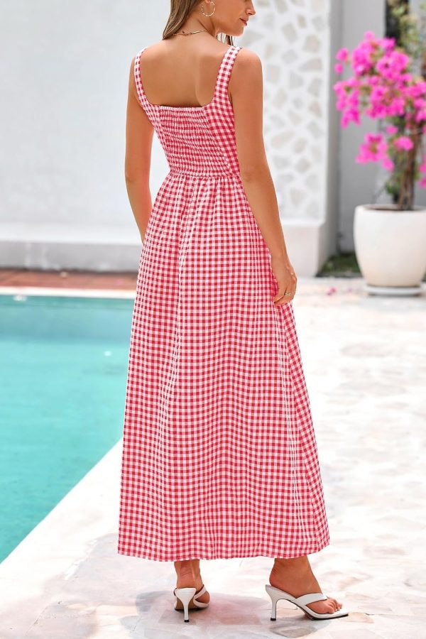 PRETTYGARDEN Women's 2025 Summer Spaghetti Strap Maxi Dresses Plaid Square Neck A Line Casual Beach Vacation Long Sundress - Image 18