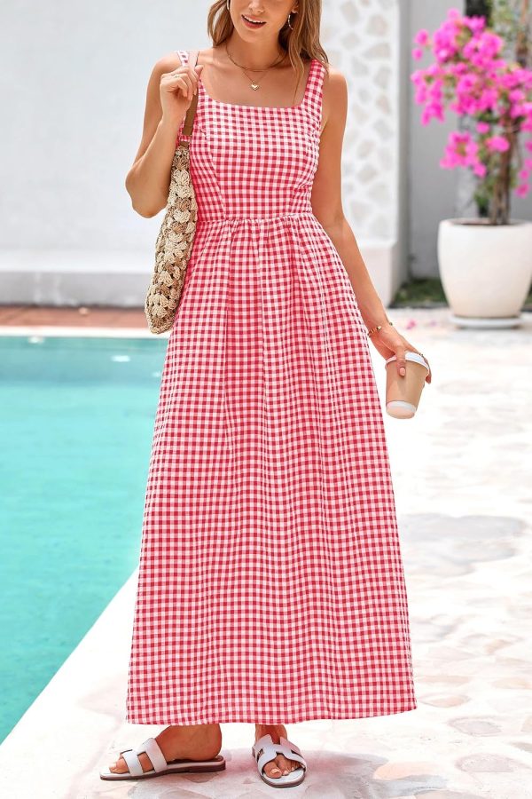 PRETTYGARDEN Women's 2025 Summer Spaghetti Strap Maxi Dresses Plaid Square Neck A Line Casual Beach Vacation Long Sundress - Image 19