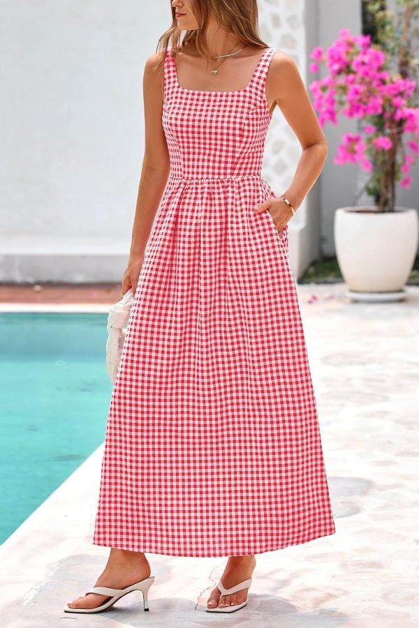 PRETTYGARDEN Women's 2025 Summer Spaghetti Strap Maxi Dresses Plaid Square Neck A Line Casual Beach Vacation Long Sundress - Image 20