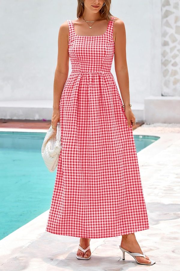 PRETTYGARDEN Women's 2025 Summer Spaghetti Strap Maxi Dresses Plaid Square Neck A Line Casual Beach Vacation Long Sundress - Image 21