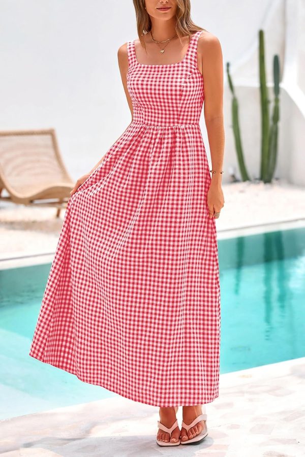 PRETTYGARDEN Women's 2025 Summer Spaghetti Strap Maxi Dresses Plaid Square Neck A Line Casual Beach Vacation Long Sundress - Image 23
