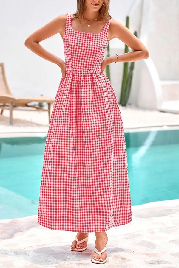 PRETTYGARDEN Women's 2025 Summer Spaghetti Strap Maxi Dresses Plaid Square Neck A Line Casual Beach Vacation Long Sundress - Image 24