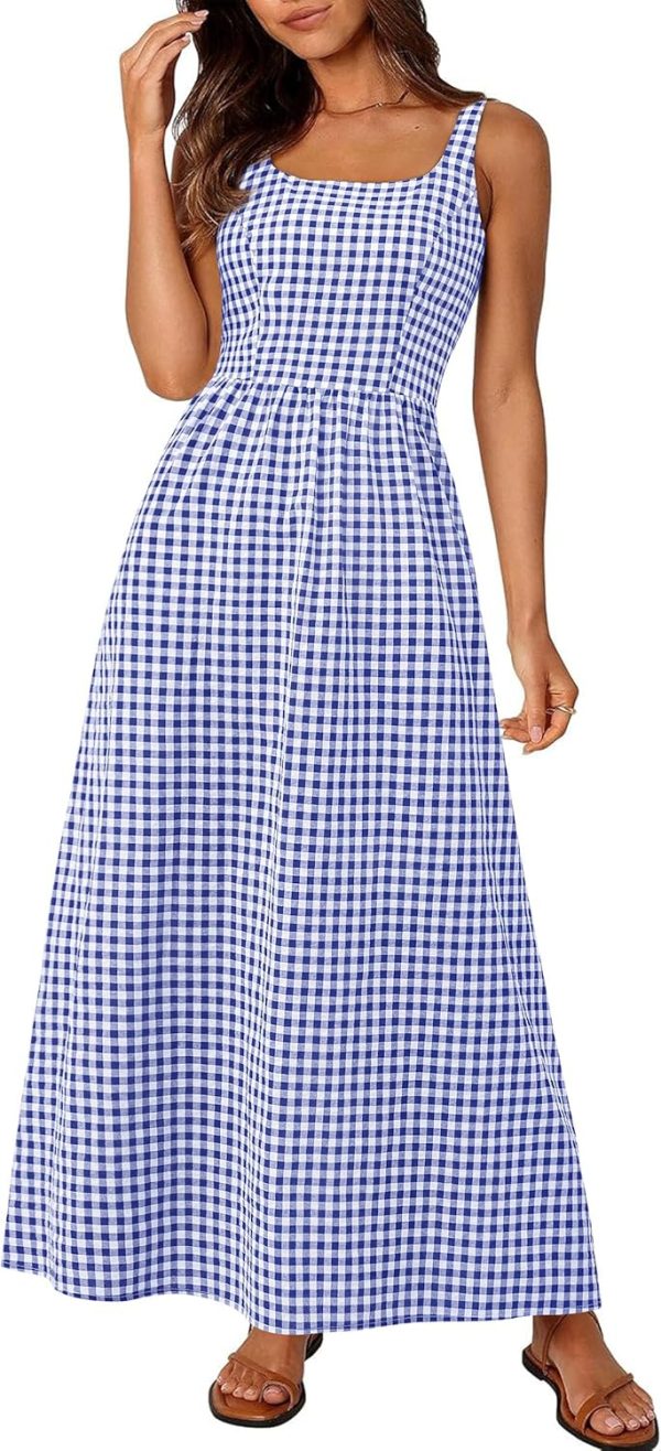PRETTYGARDEN Women's 2025 Summer Spaghetti Strap Maxi Dresses Plaid Square Neck A Line Casual Beach Vacation Long Sundress - Image 25