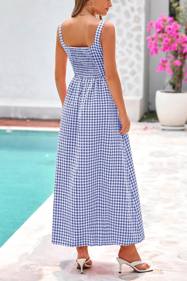 PRETTYGARDEN Women's 2025 Summer Spaghetti Strap Maxi Dresses Plaid Square Neck A Line Casual Beach Vacation Long Sundress - Image 26
